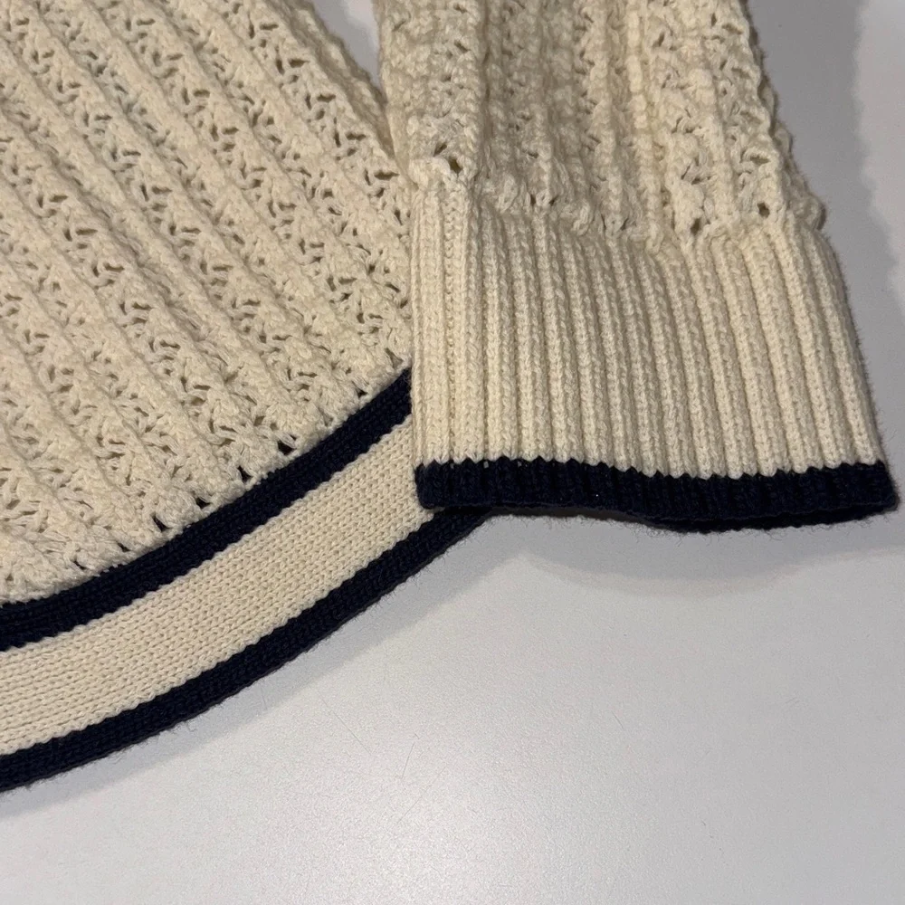 Lucky Brand Granny Cottage Core Cream Cardigan with Navy Trim and Gold Buttons - Picture 4 of 5